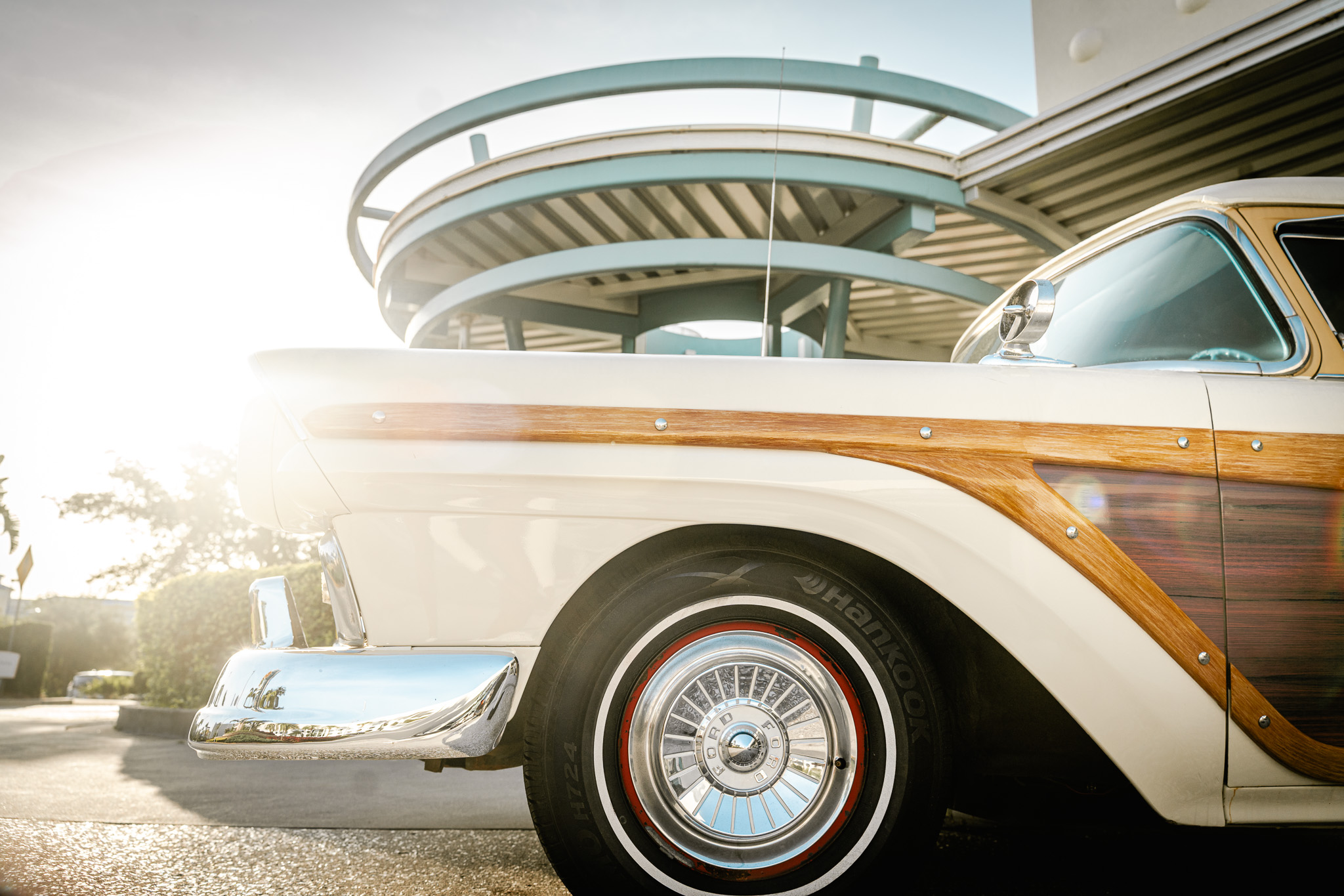 Close up of a vintage woodie station wagon parked outside Cabana Bay Beach Resort