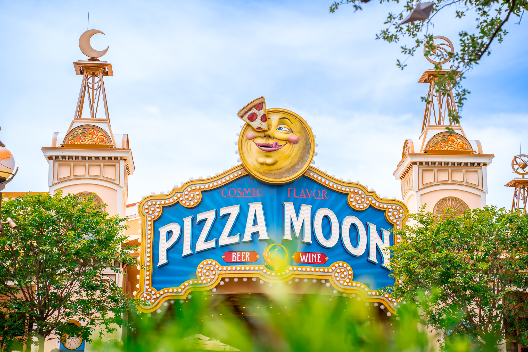 Pizza Moon restaurant sign at Epic Universe Celestial Park