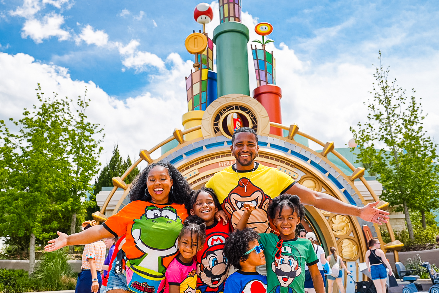 The Roberson family in Mario shirts at Universal Studios